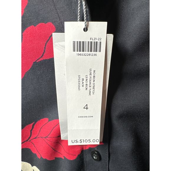 Chico’s No Iron Stretch Luxe Foliage Tunic Top Long Sleeve Button Up Sz 4 = 20 - Picture 6 of 10